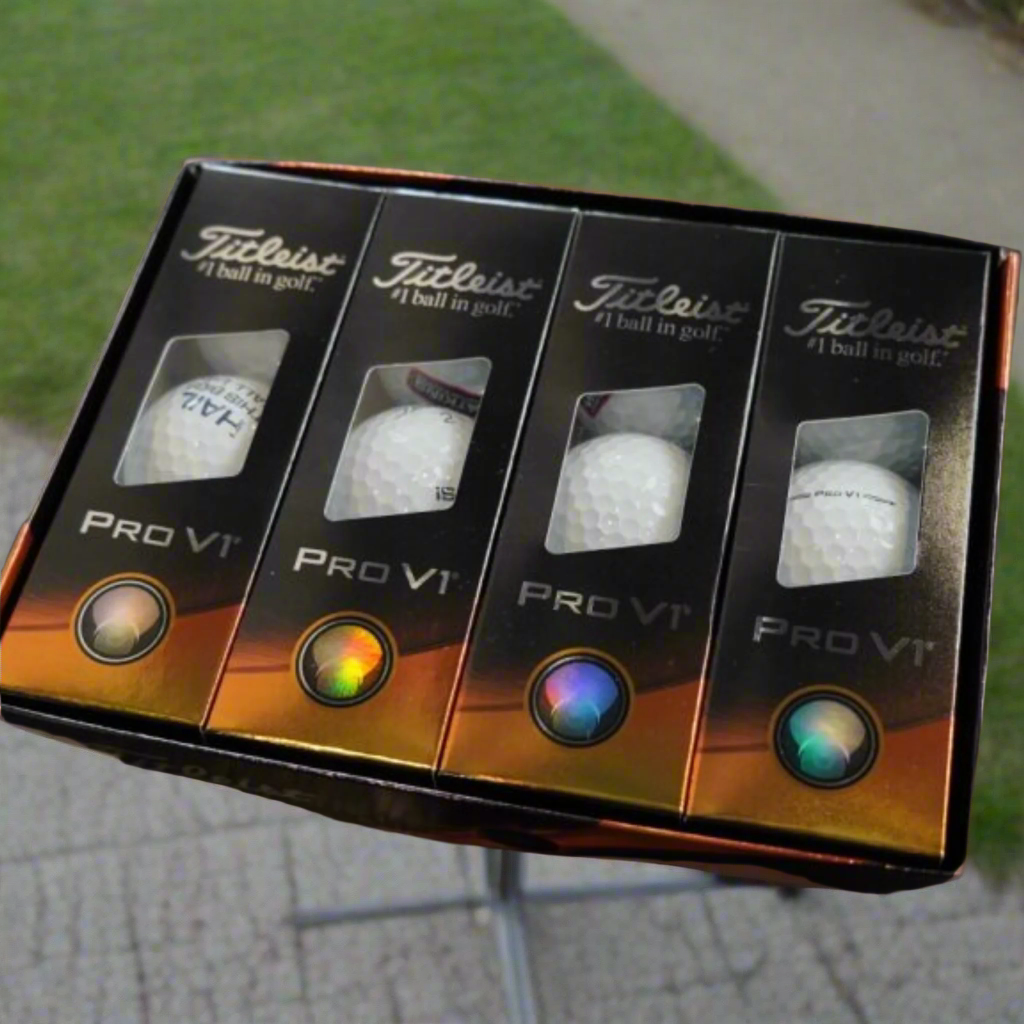 Four Titleist Pro V1 golf balls in packaging on a dark surface